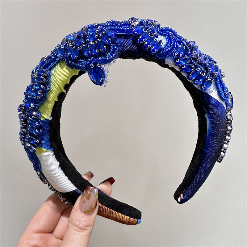 Fashion Blue Embroidered Disc Buckle Wide-brimmed Headband