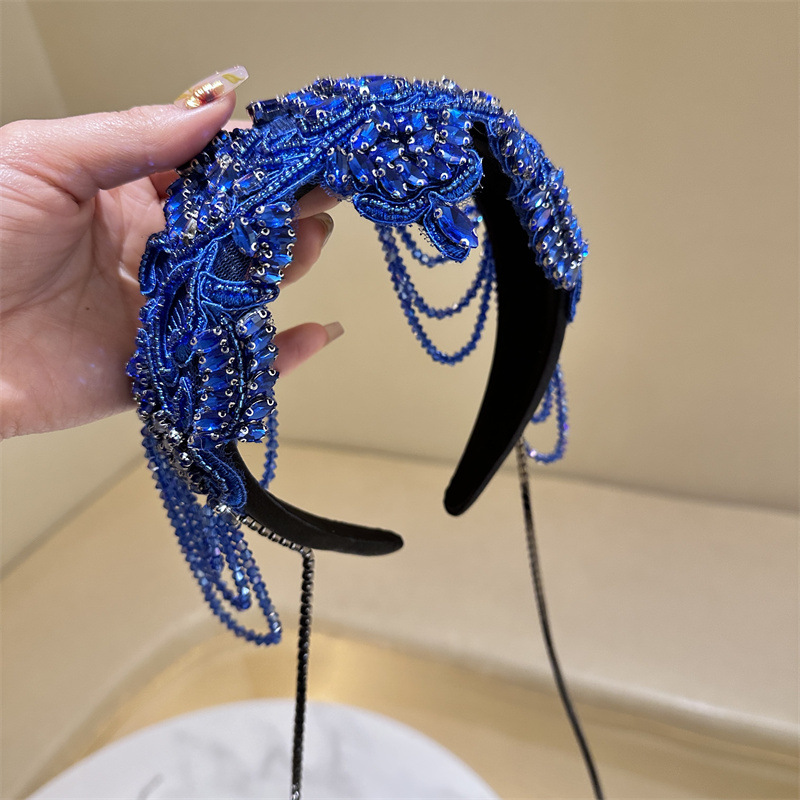 Fashion Royal Blue Geometric Diamond-encrusted Wide-brimmed Headband
