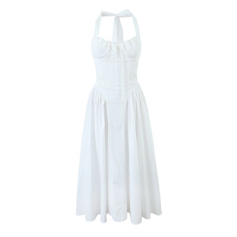 Fashion White Cotton Halterneck Waist Long Skirt