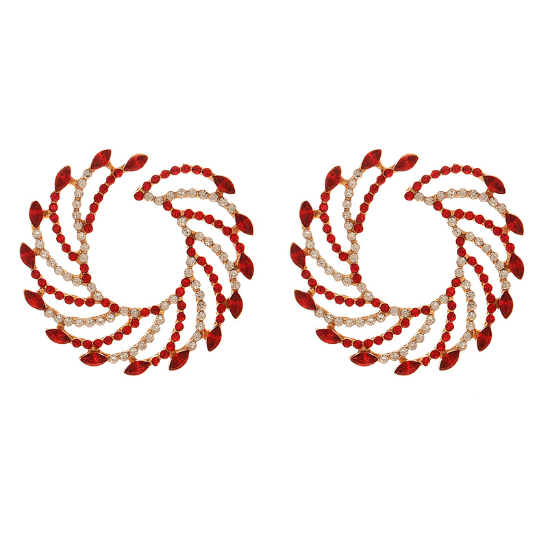 Fashion Red Alloy Diamond Spiral Pattern Stud Earrings