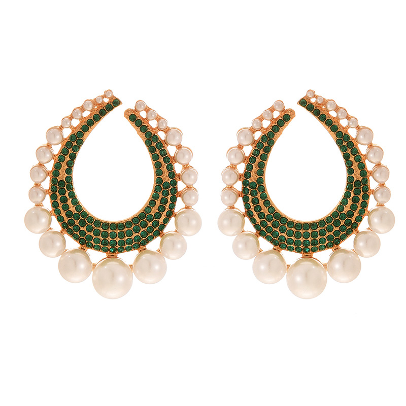 Fashion Dark Green Alloy Diamond Geometric Pearl Stud Earrings
