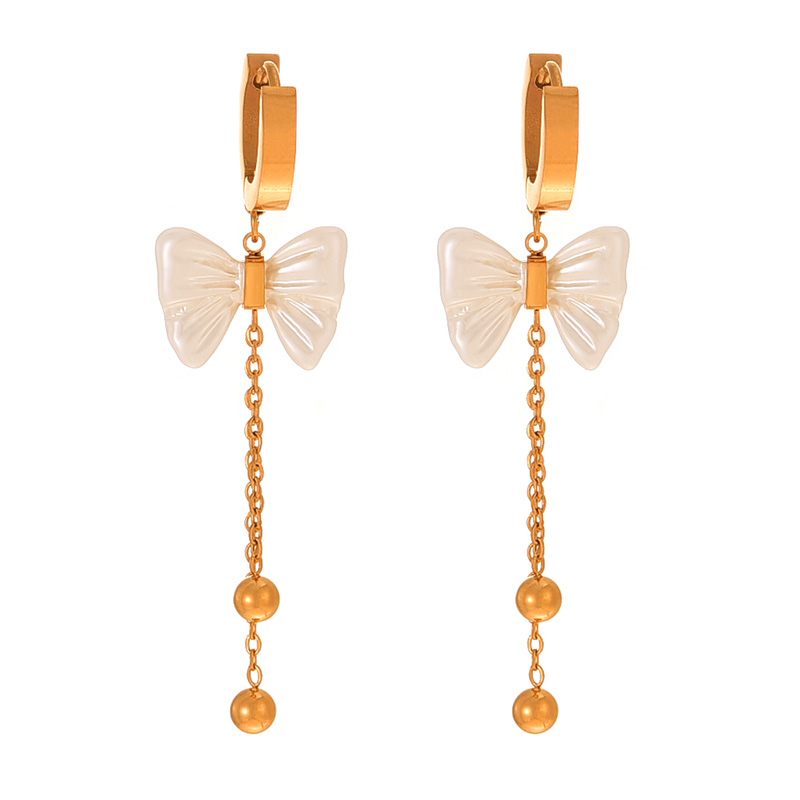 Fashion Gold Titanium Steel Bow Shell Pendant Tassel Beads Earrings
