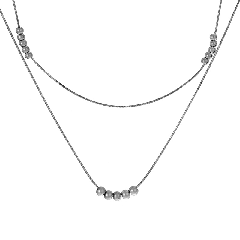 Fashion Silver Titanium Steel Double Chain Bead Necklace