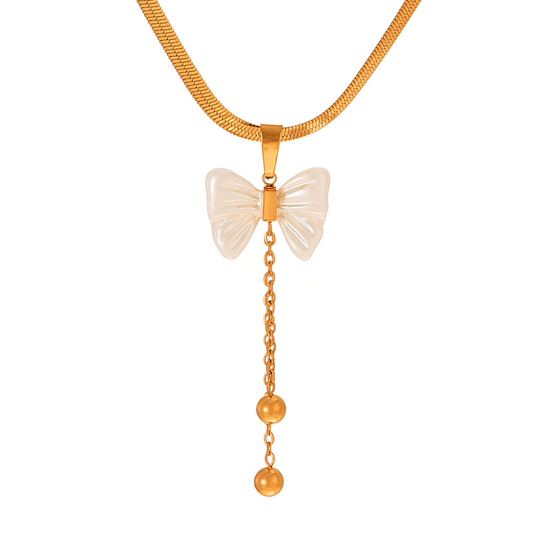 Fashion Gold Titanium Steel Bow Shell Pendant Tassel Beads Snake Bone Chain Necklace