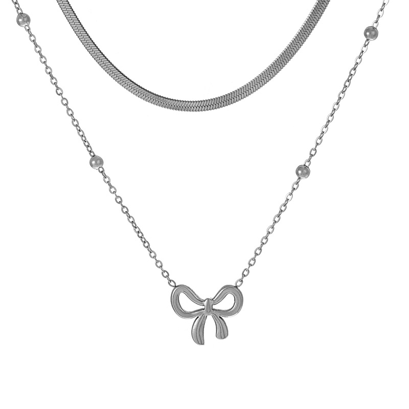 Fashion Silver Titanium Steel Double Layer Bow Pendant Snake Bone Chain Necklace