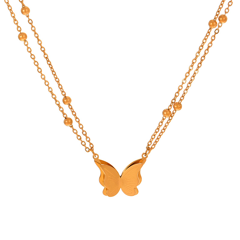 Fashion Gold Titanium Steel Double Layer Butterfly Bead Necklace