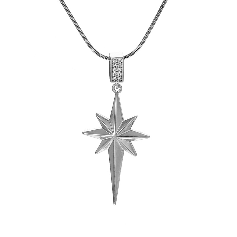 Fashion Silver Titanium Steel Inlaid Zirconium Starburst Pendant Necklace