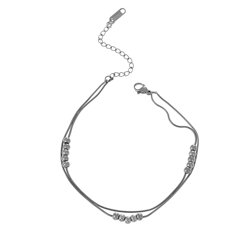 Fashion Silver Titanium Steel Double Chain Beaded Bracelet