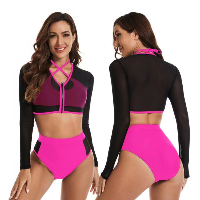 Fashion Rose Red Polyester Colorblock Long-sleeve Tankini Swimsuit