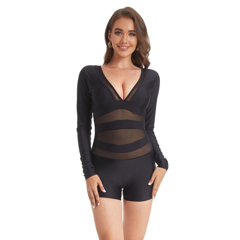 Fashion Black 2 Polyester Square Neck Pleated One-piece Swimsuit