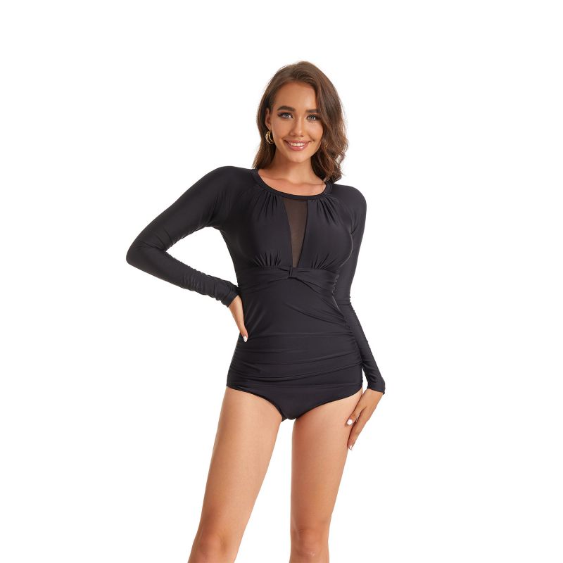 Fashion Black Long Sleeve Sun Protection One Piece Swimsuit