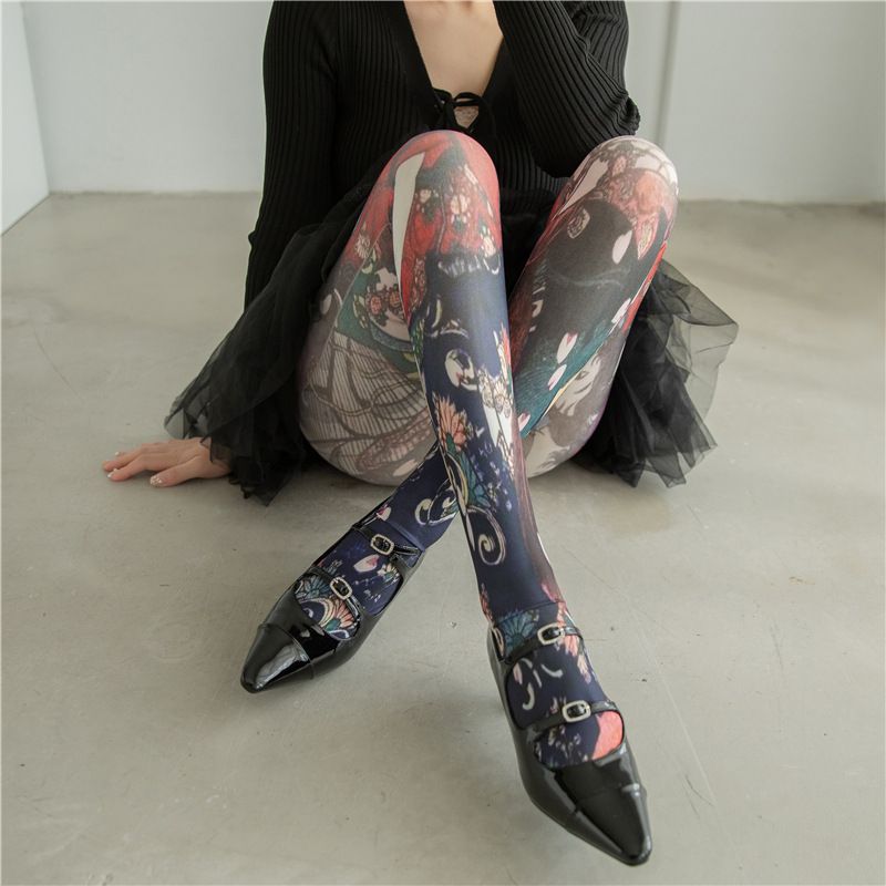 Fashion Black Velvet Printed Stockings