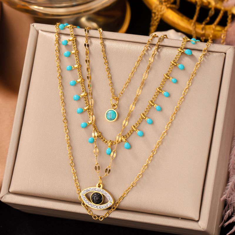 Fashion Golden Turquoise Eyes Four-layer Chain Titanium Steel Geometric Chain Eyes Multi-layer Necklace