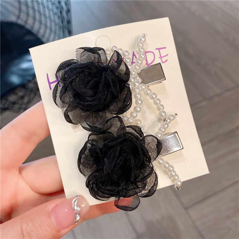 Fashion Black Pearl Beaded Camellia Hair Clip