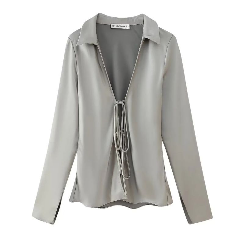 Fashion Grey Polyester Lace-up Lapel Shirt