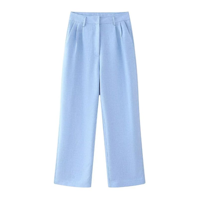 Fashion Blue Polyester Pleated Wide-leg Trousers