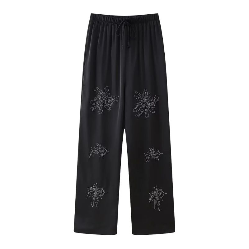 Fashion Black Polyester Printed Lace-up Trousers