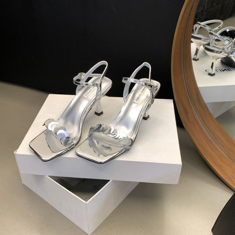 Fashion Silver Sequin Open Toe Buckle High Heels