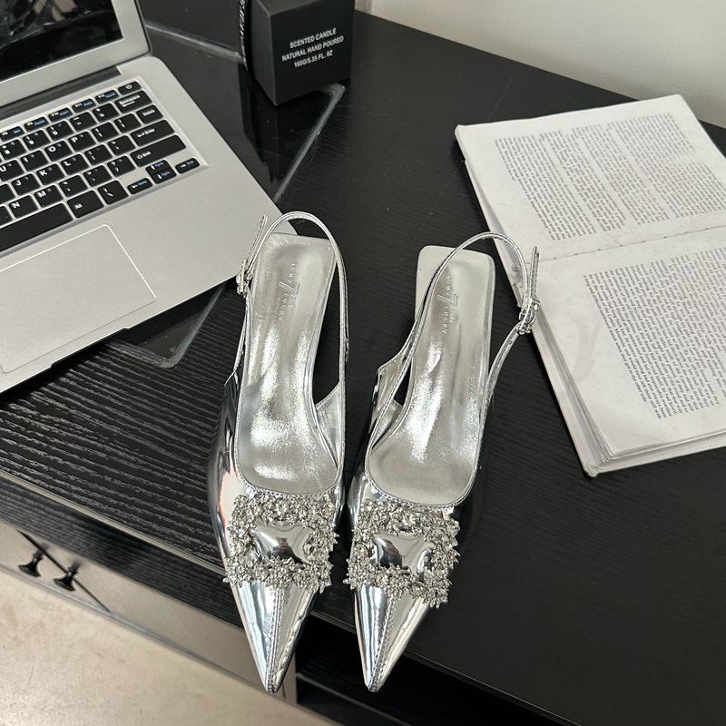 Fashion Silver Rhinestone Buckle Pointed Toe Stiletto Sandals