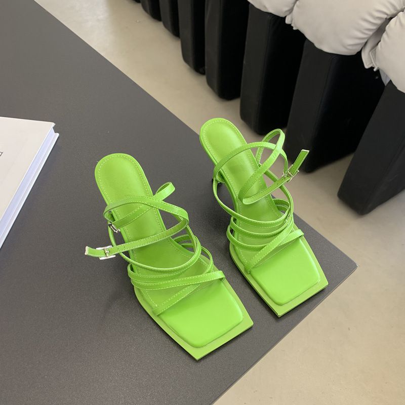 Fashion Fluorescent Green Cross Strap Square Toe Open Toe Sandals