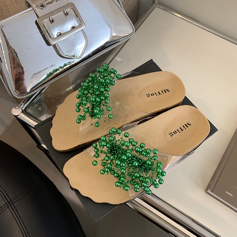 Fashion Green Pu Beaded Slippers