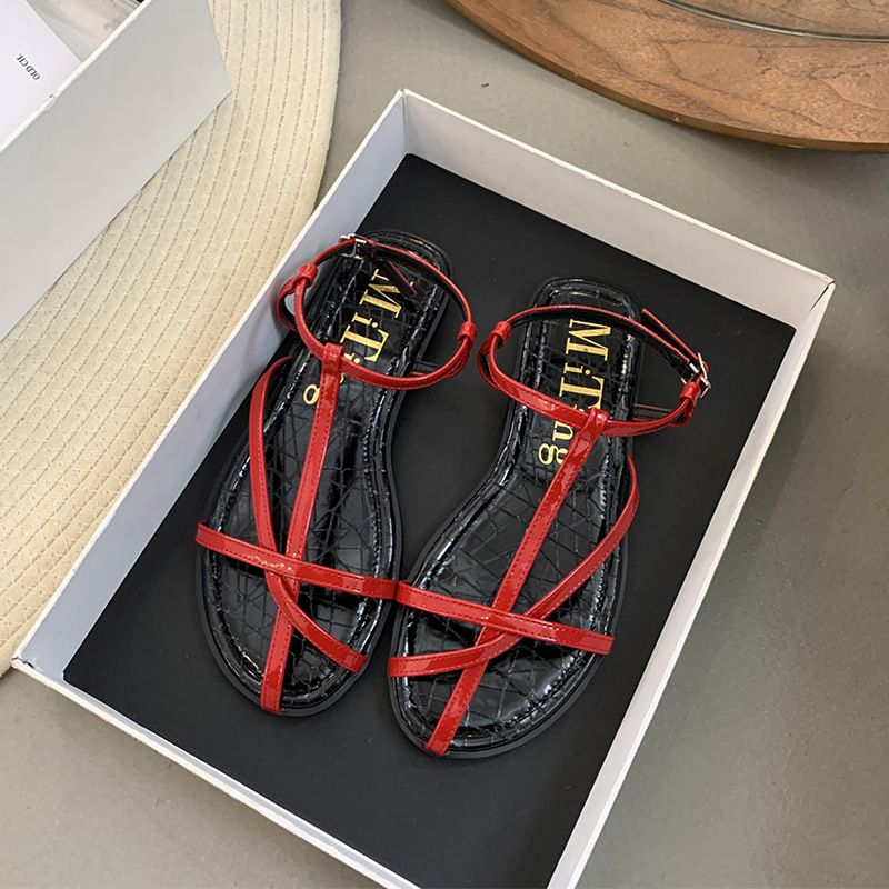 Fashion Red Cross-strap Flat Buckle Sandals
