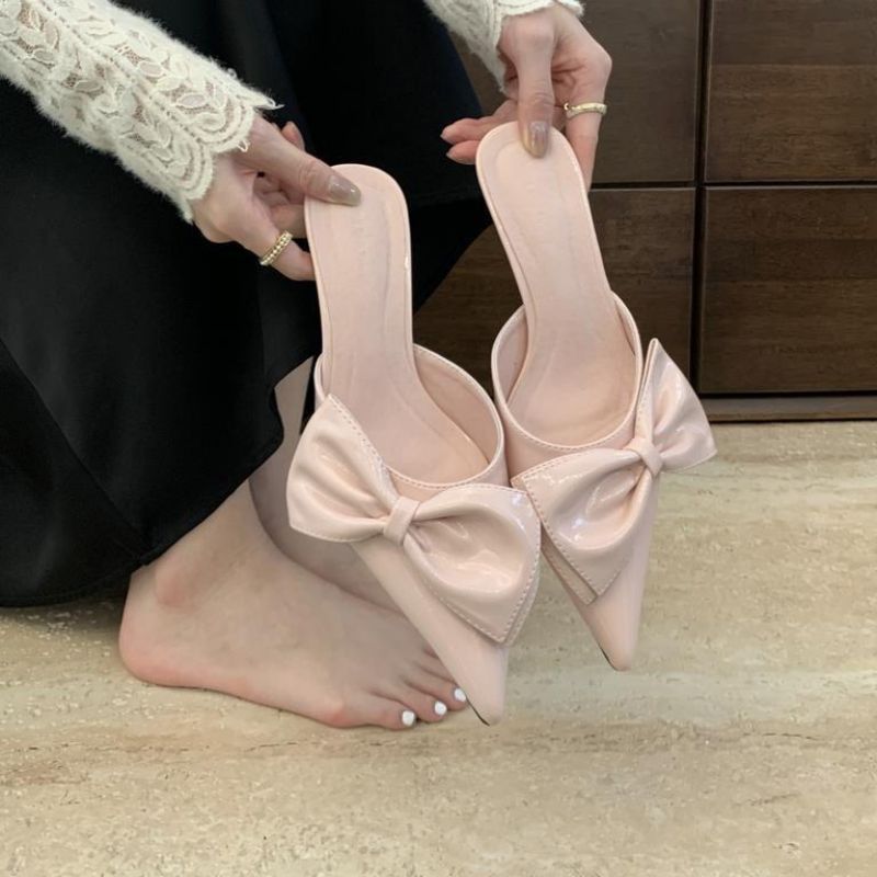Fashion Pink Bow Pointed Toe High Heel Slippers