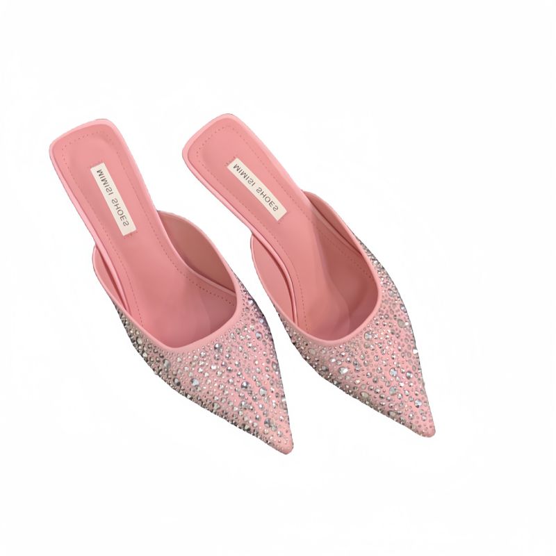 Fashion Pink Rhinestone Pointed Toe High Heel Slippers