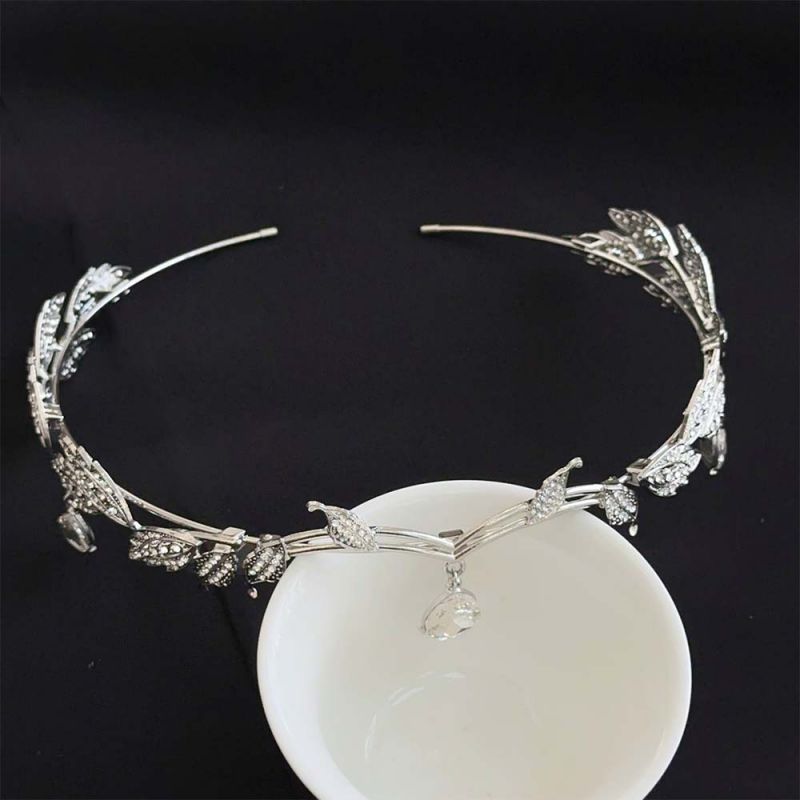 Fashion Silver Leaves Water Droplets Diamond Crown