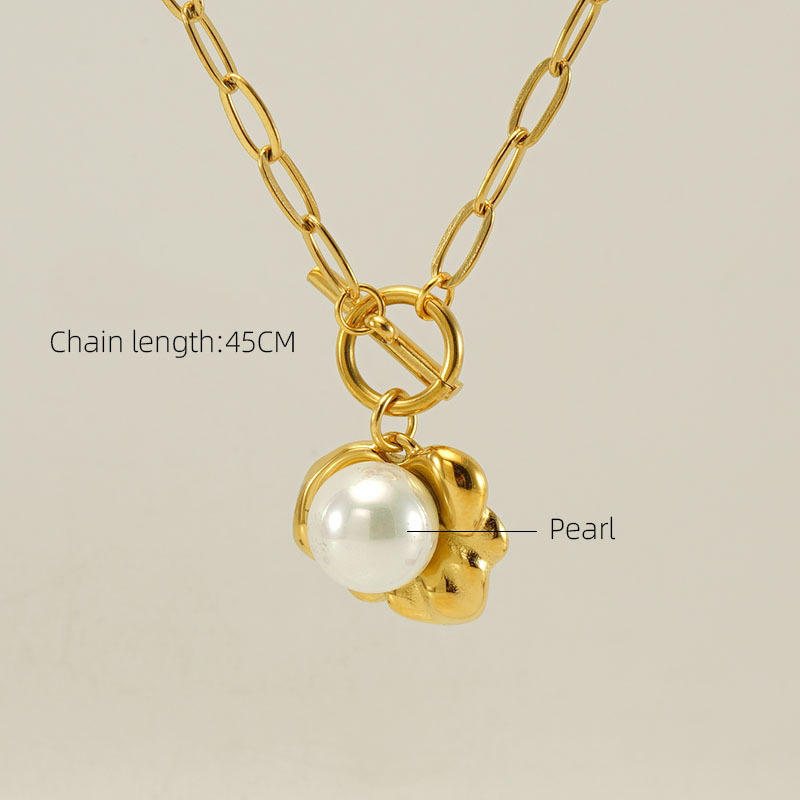 Fashion 5# Titanium Steel Pearl Round Necklace