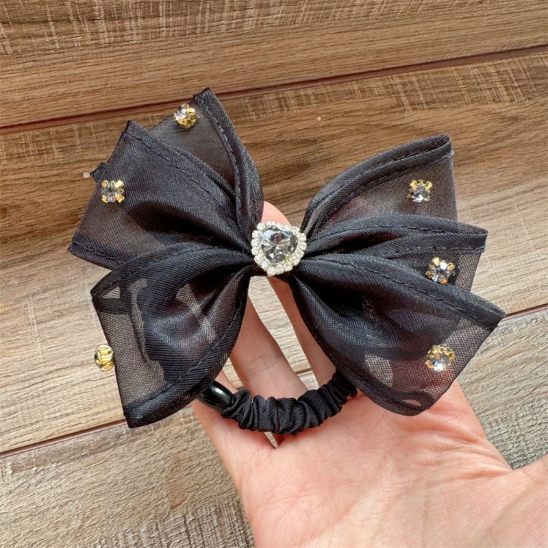 Fashion Heart Diamond Black In The Middle Fabric Diamond-encrusted Bow Hair Rope