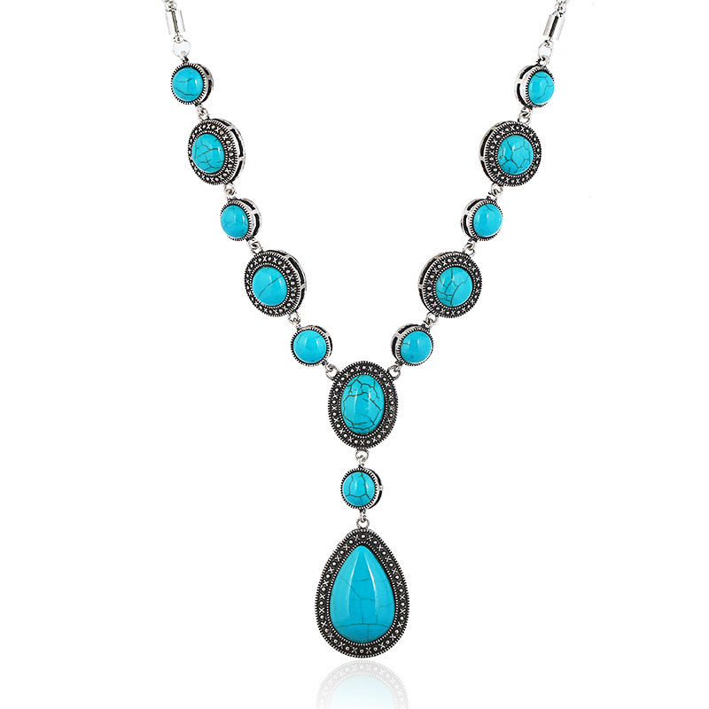 Fashion Silver Titanium Steel Turquoise Drop Necklace