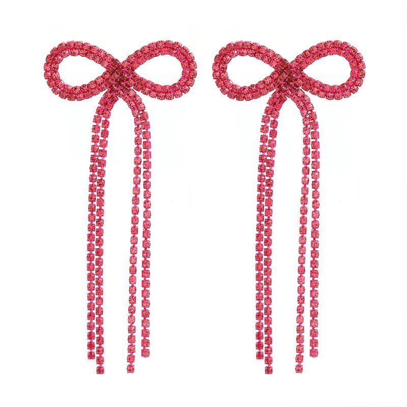 Fashion Rose Red Alloy Diamond Bow Tassel Earrings