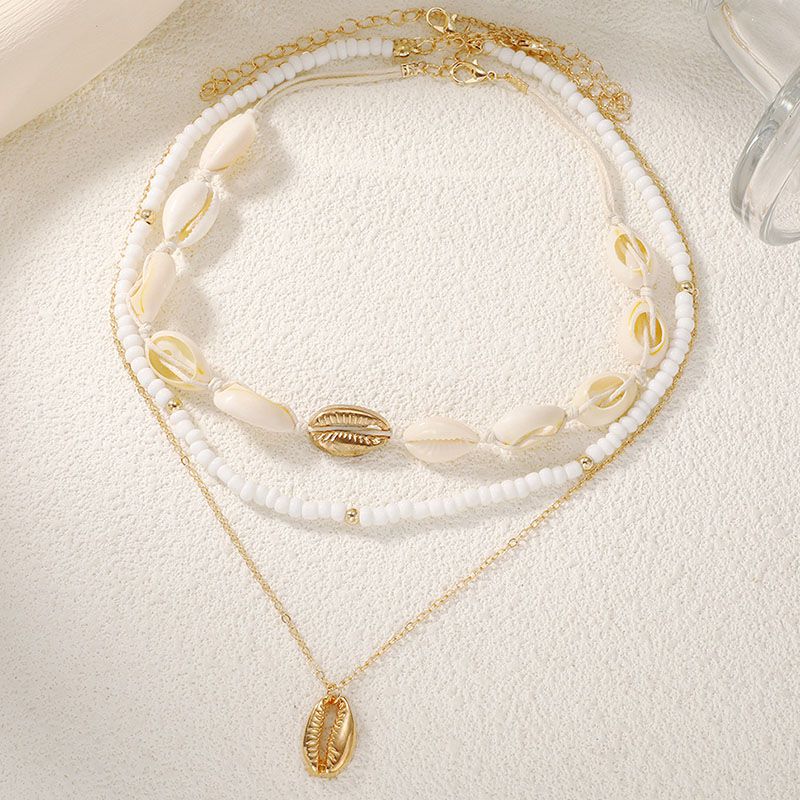 Fashion Gold Rice Beads And Shell Beaded Multi-layer Necklace