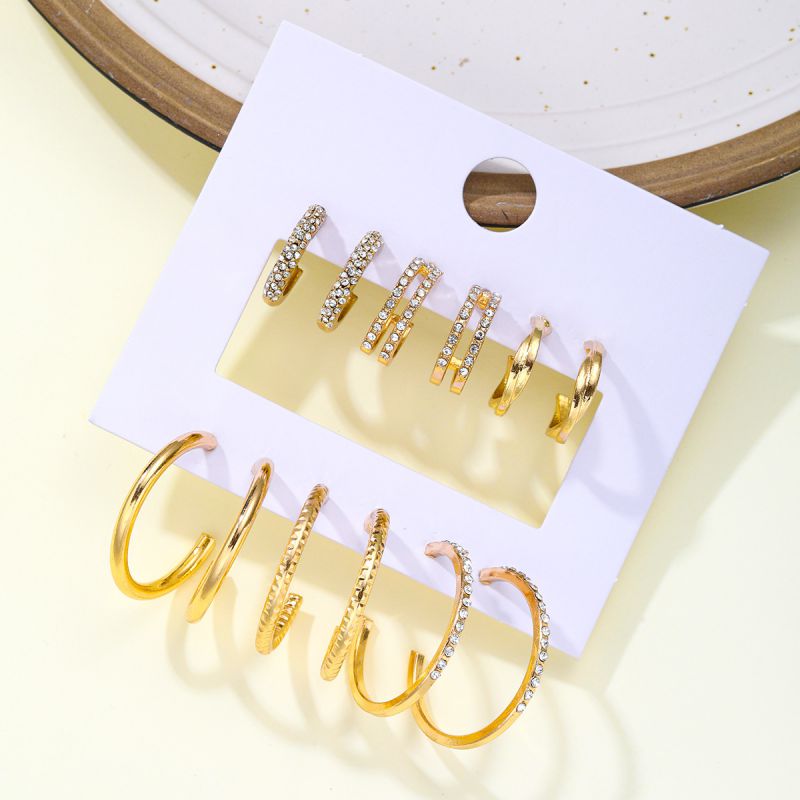 Fashion Gold Alloy Diamond Geometric Round Earrings Set
