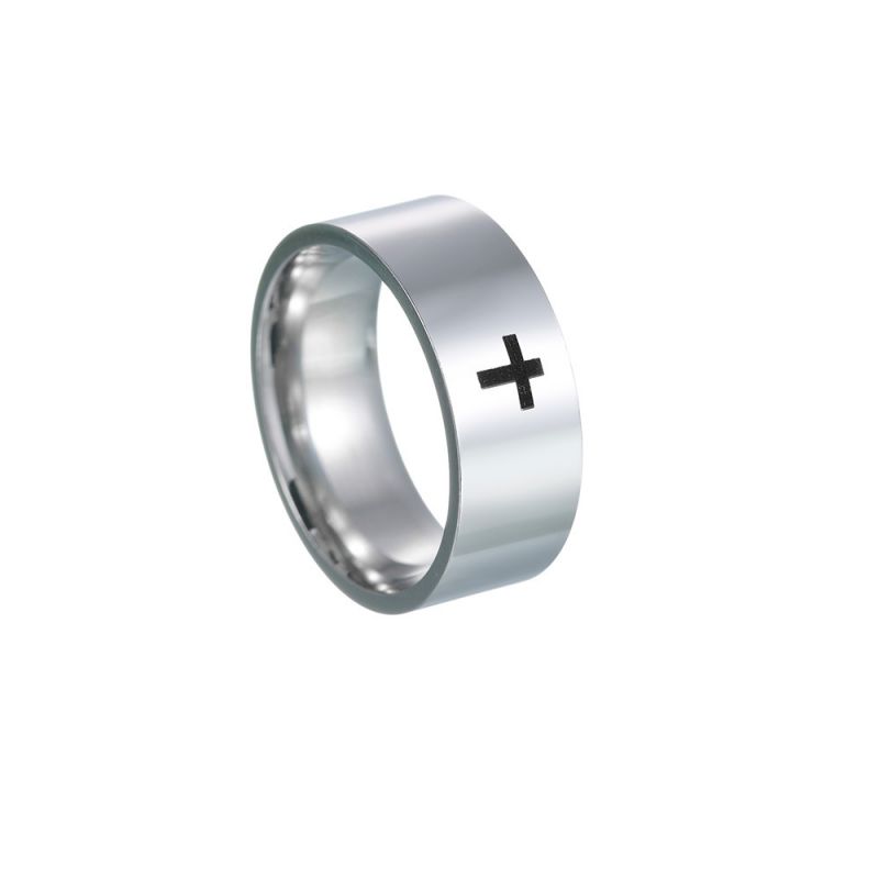 Fashion 8mm Silver Stainless Steel Cross Round Ring