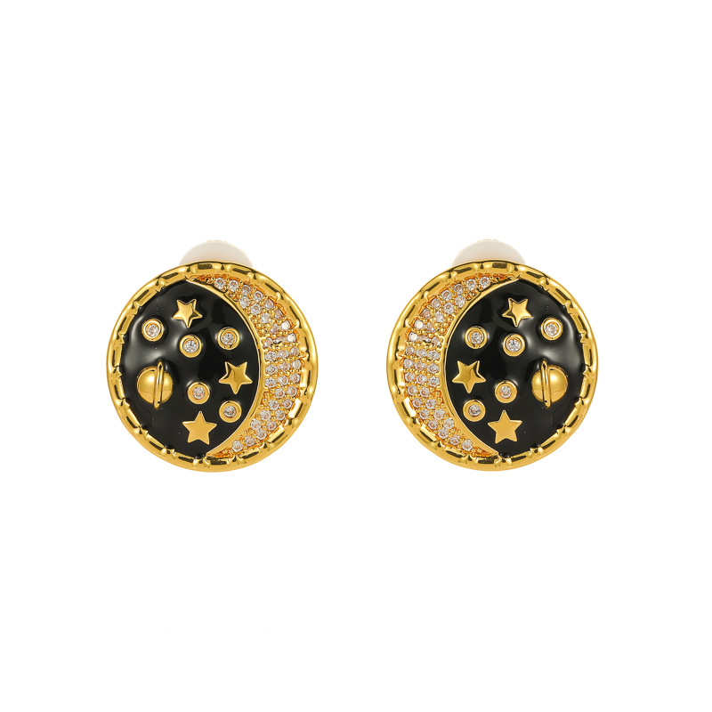 Fashion Gold Ear Clip Copper Diamond Star Moon Oil Drop Round Earrings
