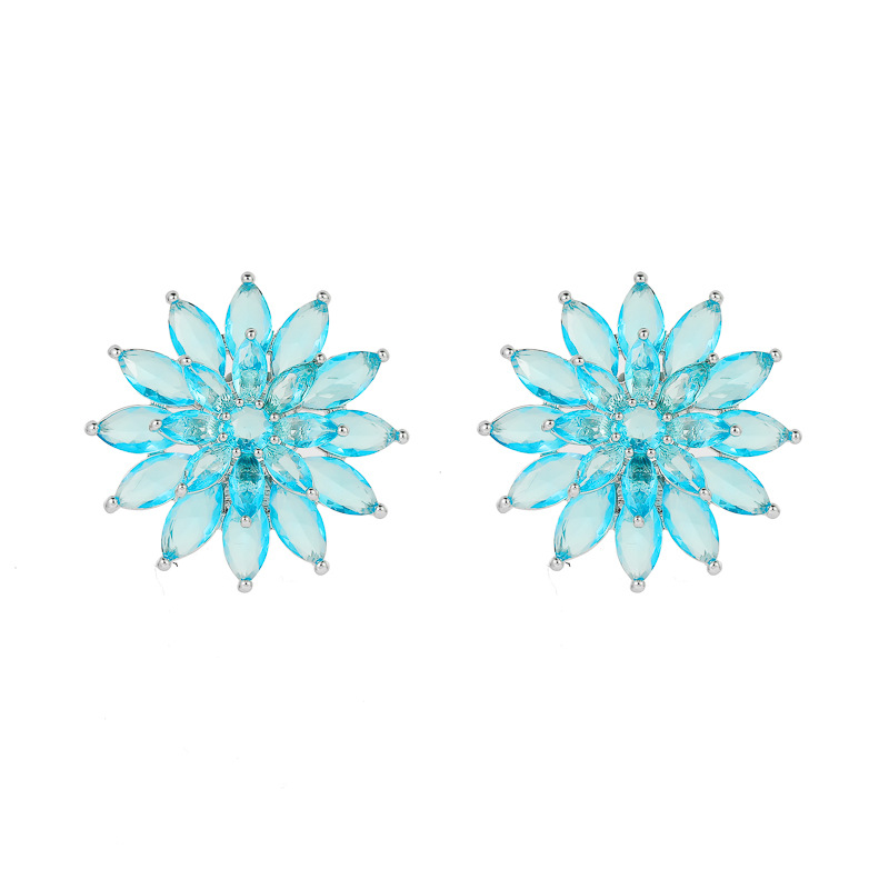 Fashion Blue Flower Earrings Metal Diamond Flower Stud Earrings