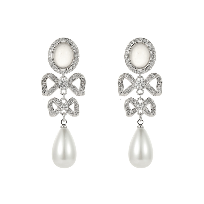 Fashion Bow Pearl Earrings Metal Diamond Bow Drop-shaped Pearl Earrings