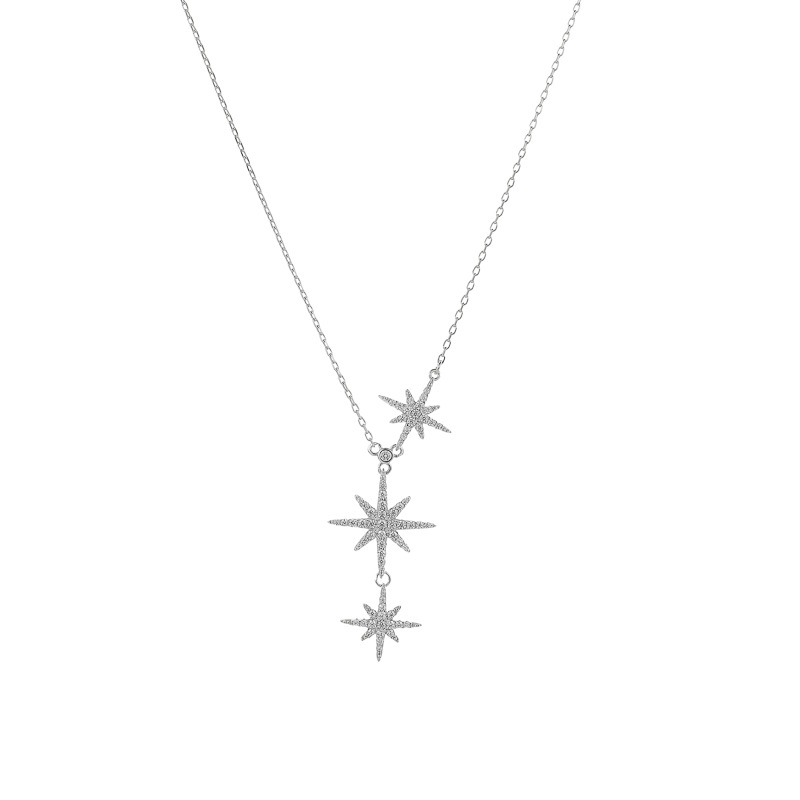 Fashion Silver Metal Diamond Eight-pointed Star Necklace