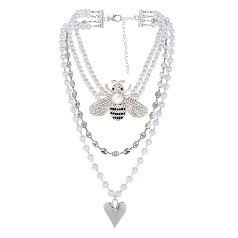 Fashion White Resin Pearl Beads Heart Set Diamond Bee Multi-layer Necklace