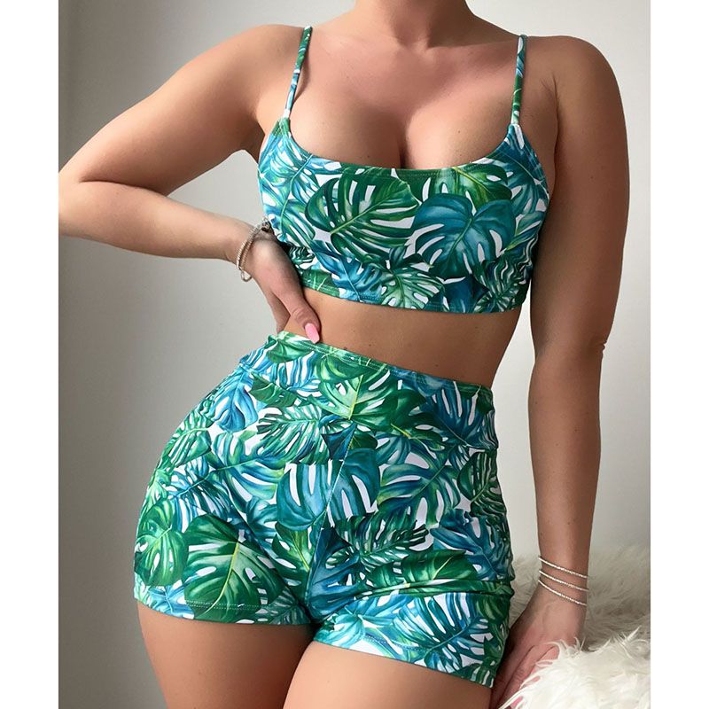 Fashion Green Polyester Printed Boxer Swimsuit