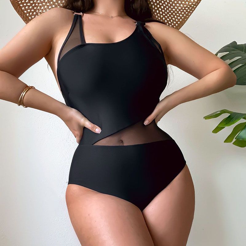Fashion Black Nylon Mesh Hollow One-piece Swimsuit