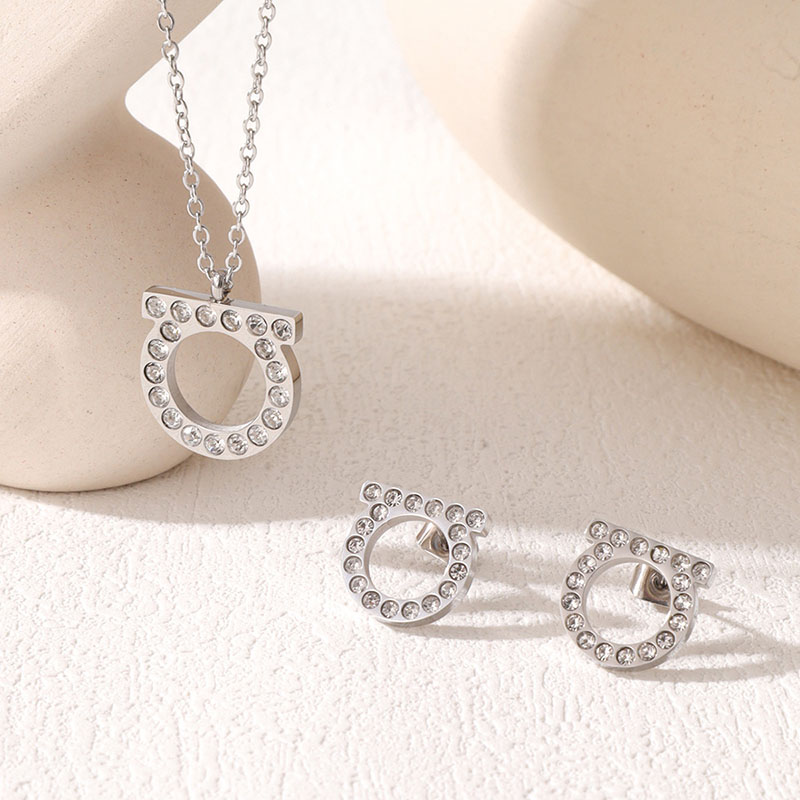 Fashion Silver Titanium Steel Diamond Geometric Earrings And Necklace Set
