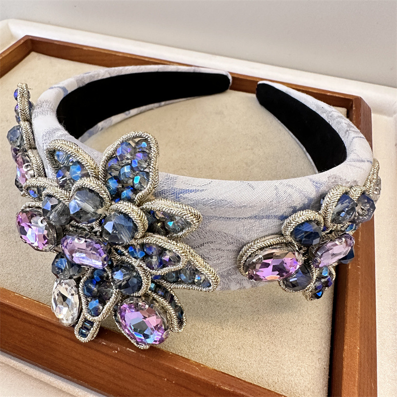 Fashion Purple Fabric Diamond Flower Wide Brimmed Headband
