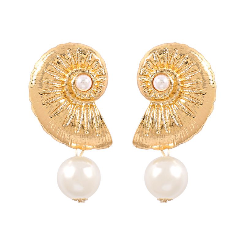 Fashion Gold Pearl Conch Metal Stud Earrings