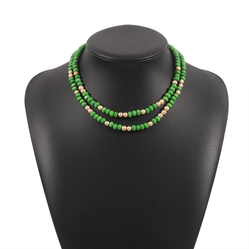 Fashion Green Geometric Beaded Double Necklace