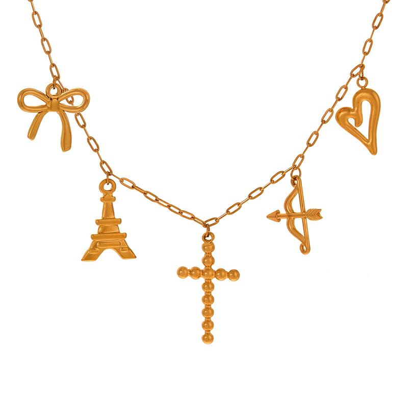 Fashion Golden 1 Titanium Steel Bow Cross Love Pendant Necklace