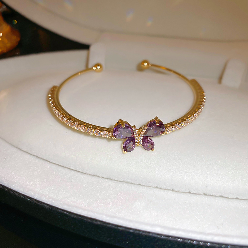 Fashion Bracelet-gold-purple Copper Inlaid Zirconium Butterfly Open Bracelet