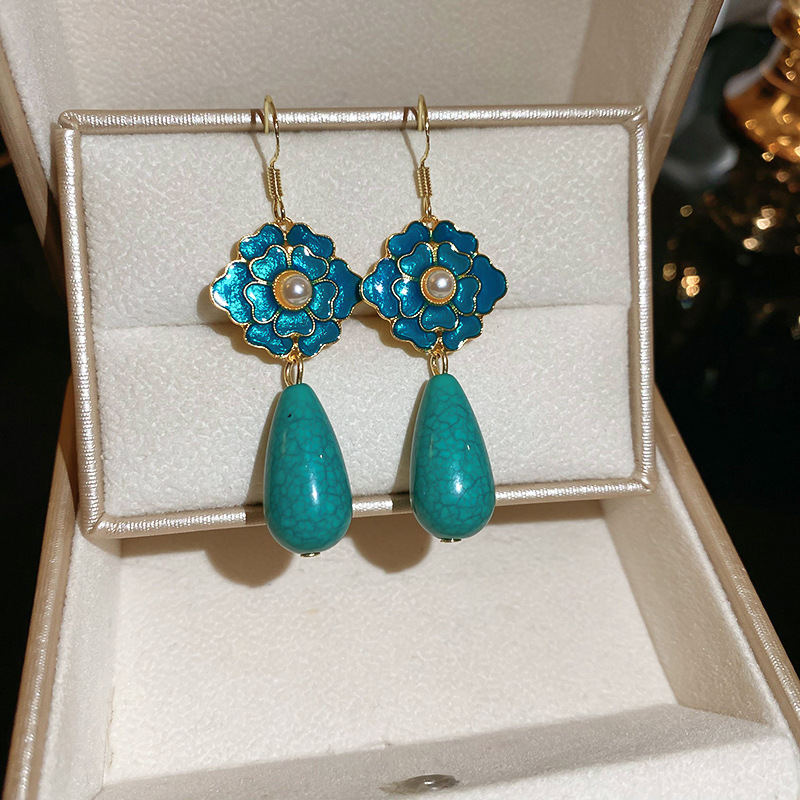Fashion Ear Hook-green Metal Oil-dropped Flower Drop-shaped Turquoise Earrings